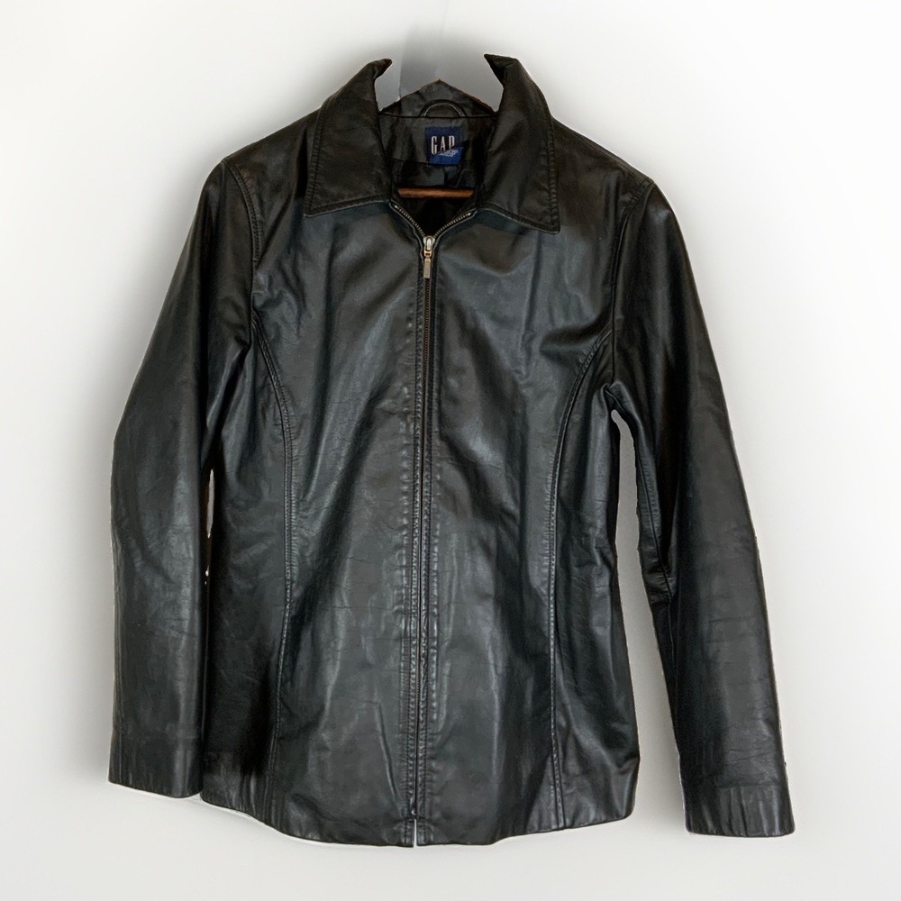 Vintage Y2K Gap Zip-Up Leather Jacket Black Med EUC
